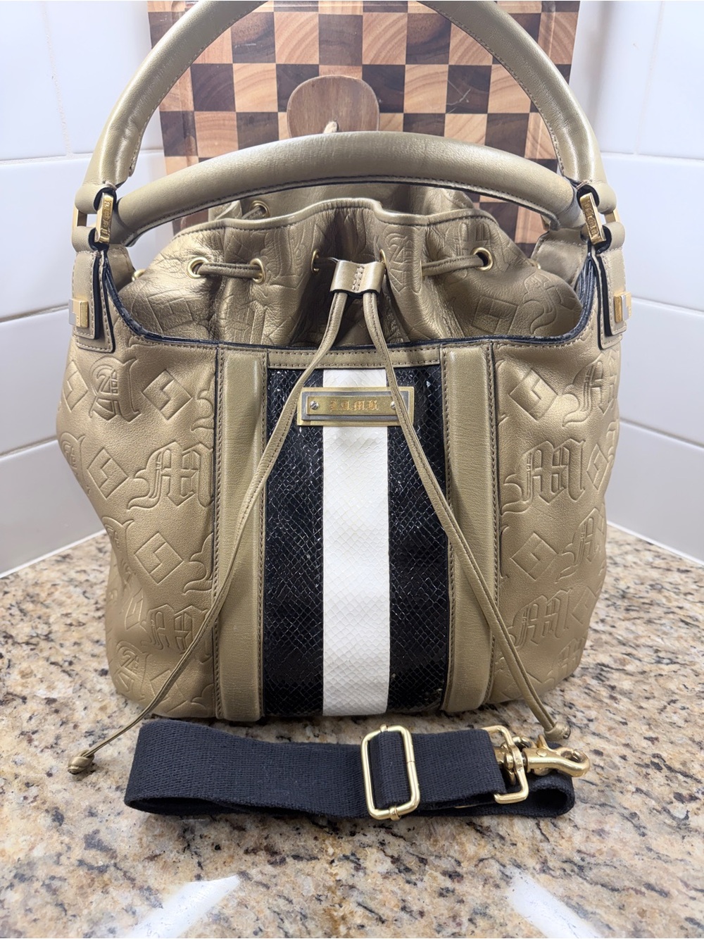 L.A.M.B. Gwen Stefani Metallic Gold Embossed Leather Bucket Bag Snakeskin Stripe